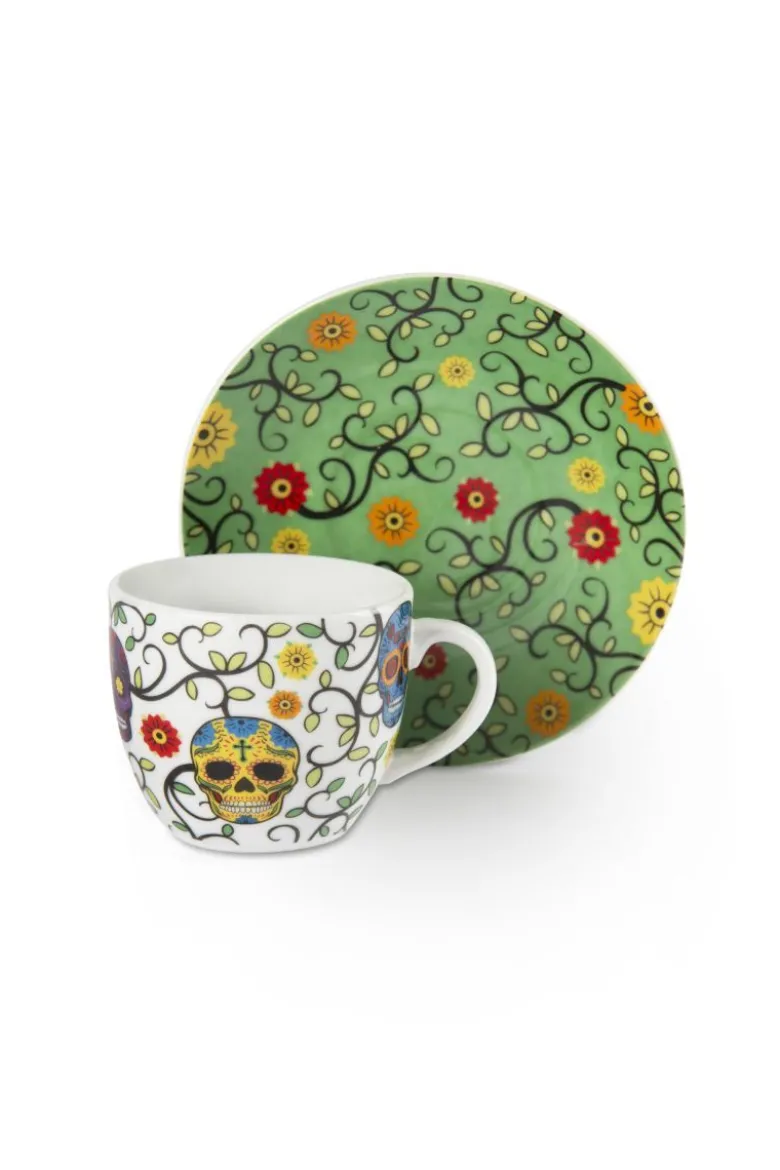 Set 6 tazzine con piattino, con teschi, porcellana, 90 ml
