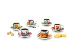 Set 6 tazzine con piattino, fiori, porcellana, 90 ml