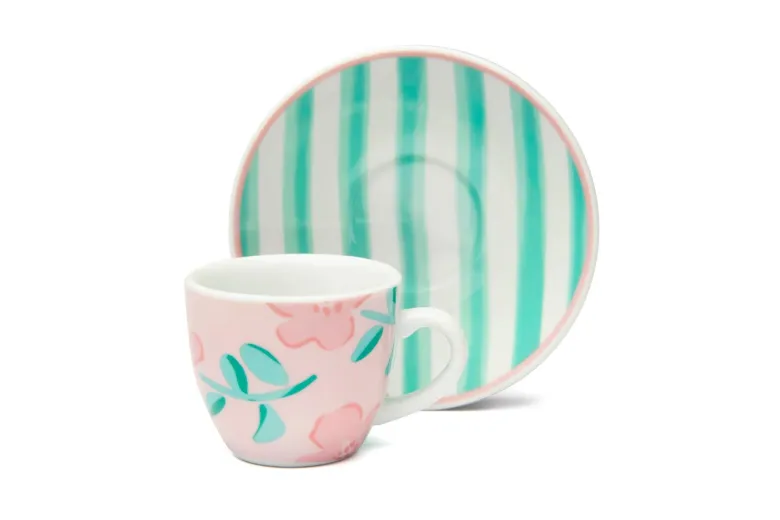 Set 6 tazzine con piattino, floreali, porcellana, 90 ml