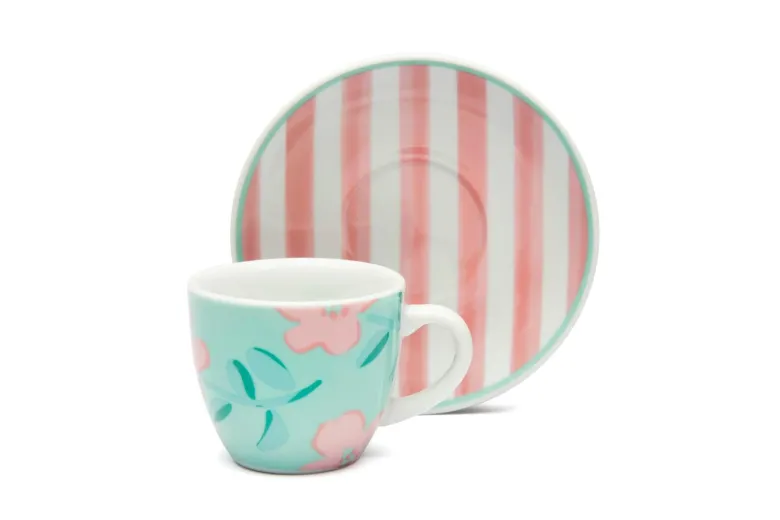 Set 6 tazzine con piattino, floreali, porcellana, 90 ml