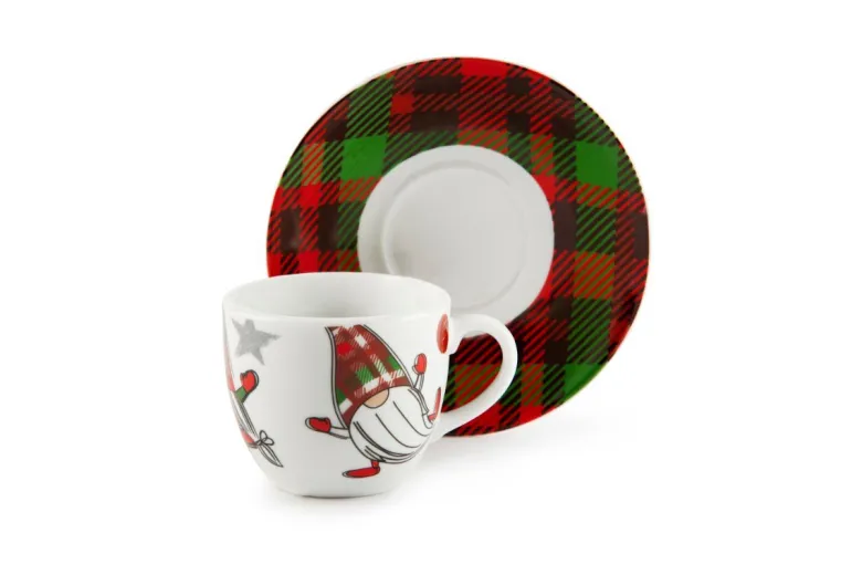 Set 6 tazzine con piattino, gnomi, porcellana, 90 ml