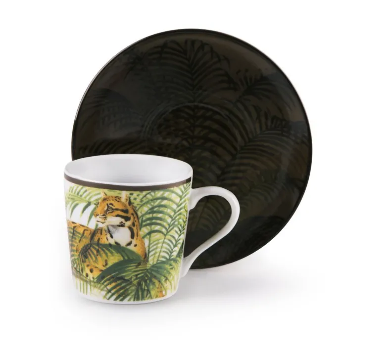 Set 6 tazzine con piattino jungle, leopardi e felci, 90 ml