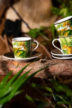 Set 6 tazzine con piattino jungle, leopardi e felci, 90 ml