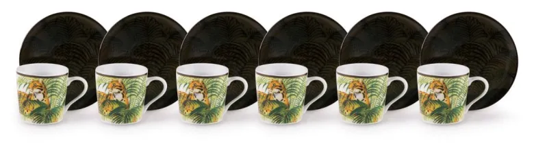 Set 6 tazzine con piattino jungle, leopardi e felci, 90 ml