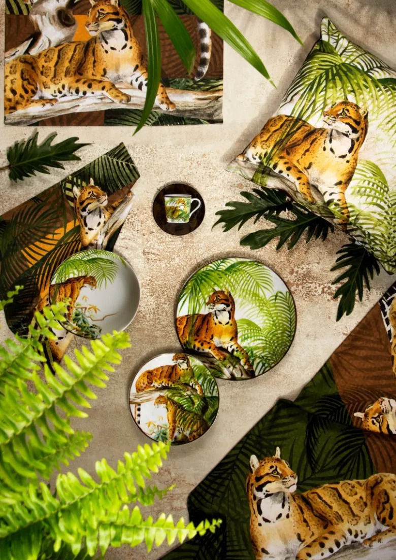 Set 6 tazzine con piattino jungle, leopardi e felci, 90 ml