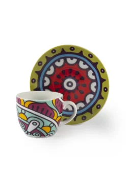 Set 6 tazzine con piattino, mandala, porcellana, 90 ml