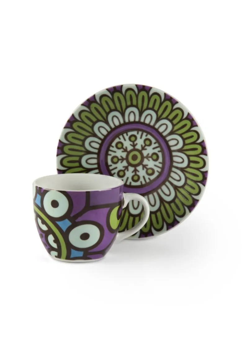 Set 6 tazzine con piattino, mandala, porcellana, 90 ml