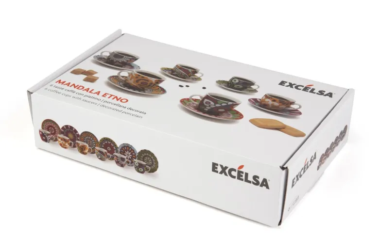 Set 6 tazzine con piattino, mandala, porcellana, 90 ml