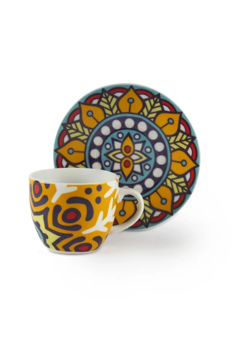 Set 6 tazzine con piattino, mandala, porcellana, 90 ml