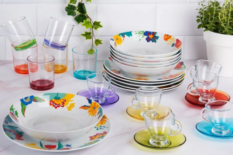 Set 6 tazzine con piattino, multicolore, vetro, 90 ml