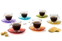 Set 6 tazzine con piattino, multicolore, vetro, 90 ml