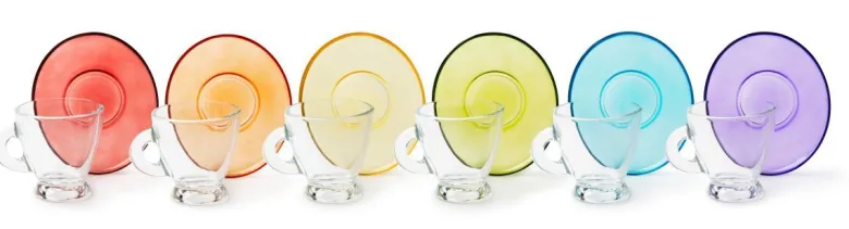 Set 6 tazzine con piattino, multicolore, vetro, 90 ml