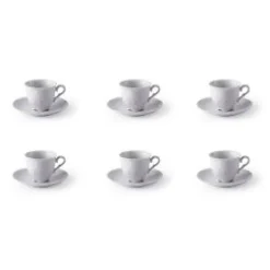 Set 6 tazzine con piattino, rococò, porcellana bianca, 80 ml