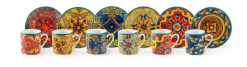 Set 6 tazzine con piattino, stile siciliano, porcellana