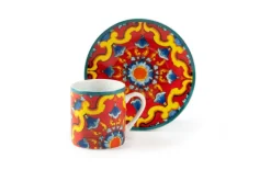 Set 6 tazzine con piattino, stile siciliano, porcellana