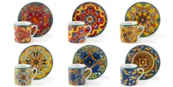 Set 6 tazzine con piattino, stile siciliano, porcellana