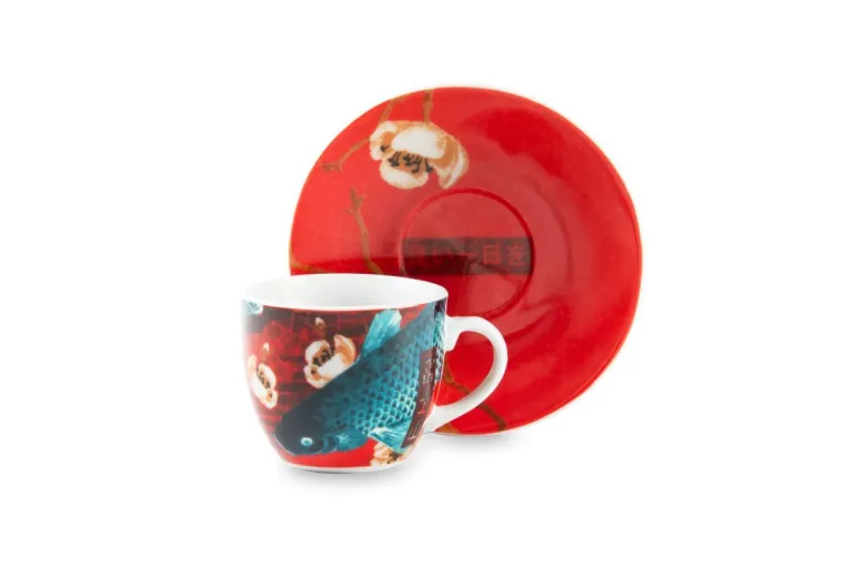 Set 6 tazzine con piattino, stile giapponese, porcellana