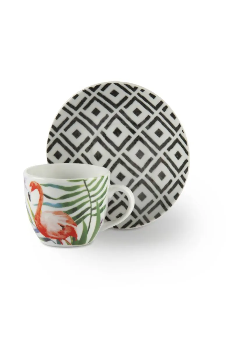 Set 6 tazzine con piattino, tropicale, porcellana, 90 ml