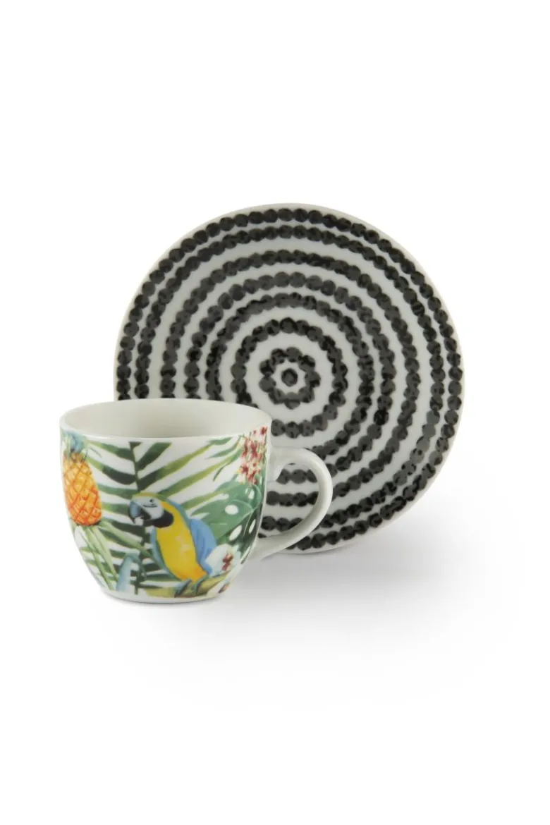 Set 6 tazzine con piattino, tropicale, porcellana, 90 ml