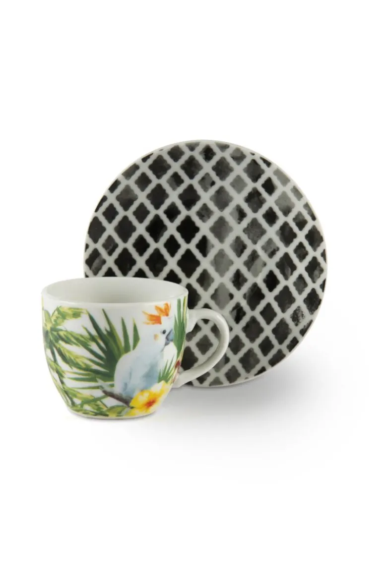 Set 6 tazzine con piattino, tropicale, porcellana, 90 ml