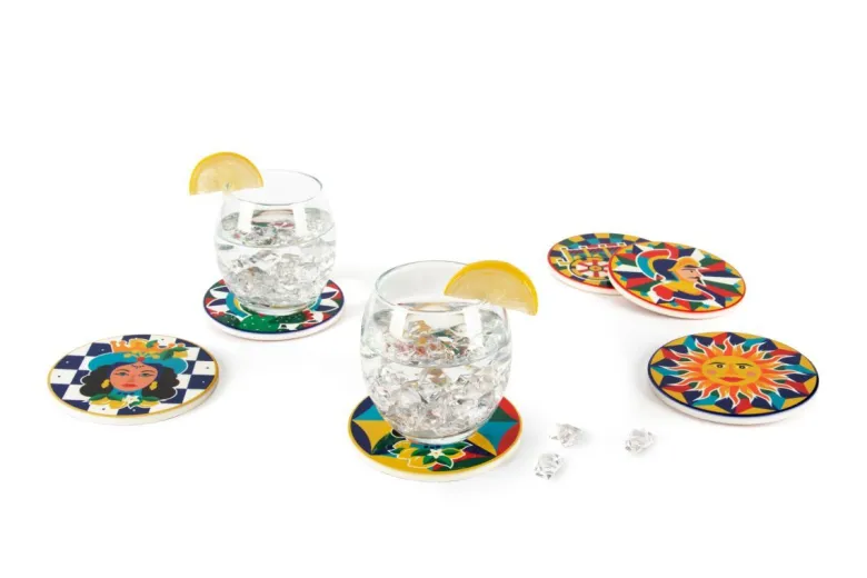 Sottobicchieri, 6 pezzi, ceramica, stile siciliano