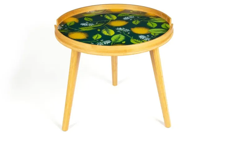 Tavolino in bambù con ripiano in vetro, con limoni