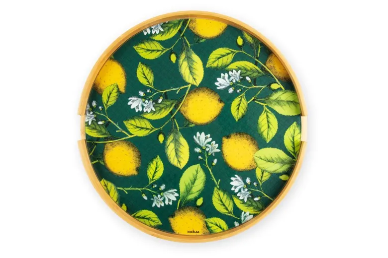 Tavolino in bambù con ripiano in vetro, con limoni