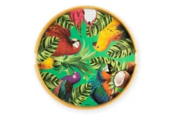 Tavolino in bambù con ripiano in vetro, fantasia tropicale