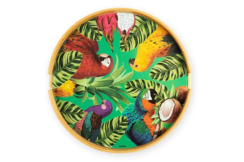 Tavolino in bambù con ripiano in vetro, fantasia tropicale