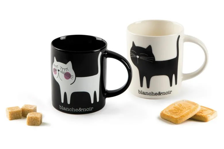 Tazze tipo mug, 2 pezzi, gattini, bianco e nero