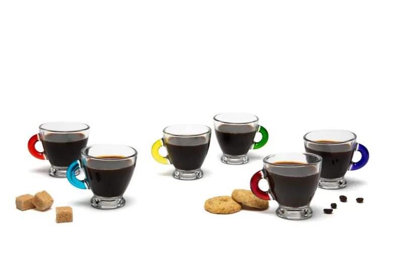 Tazzine caffè, 6 pezzi, vetro trasparente, manico colorato