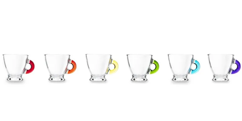 Tazzine caffè, 6 pezzi, vetro trasparente, manico colorato