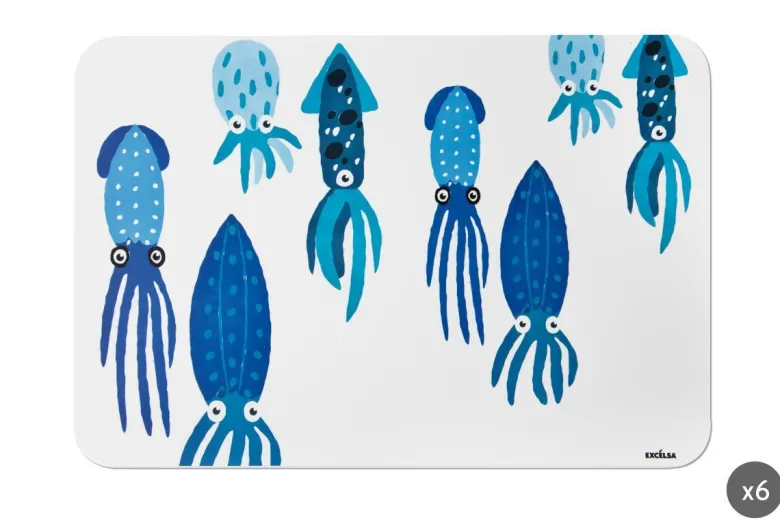 6 tovagliette, rettangolari, con calamari, toni blu